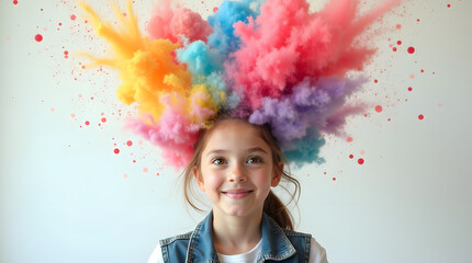 Fototapeta premium Young girl with a colorful cloud explosion of pink, blue, and yellow powder around her head, showcasing creativity and joy.