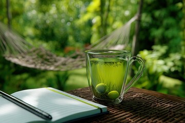 Refreshing green tea with olives on a sunny day in a garden with a hammock nearby