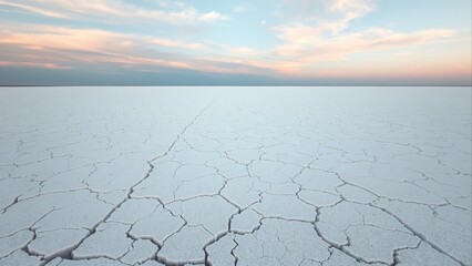 Vast Salt Flats Landscape - Arid Terrain Texture with Pastel Sunset Sky for Environmental Design and Minimalist Wall Art, Evoking a sense of isolation and natural beauty.