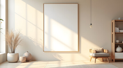 Fototapeta premium Bright and airy minimalist interior with a blank canvas, perfect for showcasing art in a tranquil setting.