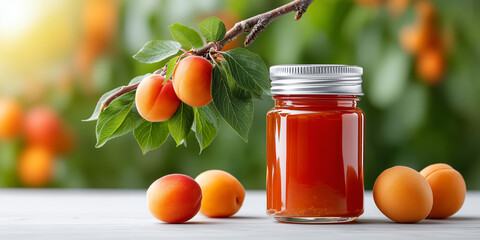 Apricot Jam Jar with Fresh Apricots: A jar of homemade apricot jam sits beside fresh apricots, radiating a bright and vibrant orange hue against a backdrop of lush green foliage.