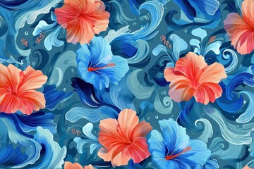 Colorful hibiscus flowers create a vibrant floral pattern on a blue background enhancing a tropical ambiance