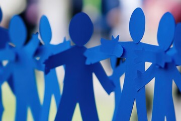 A row of blue paper cutouts of people stand in a line, arms linked, representing unity and connection