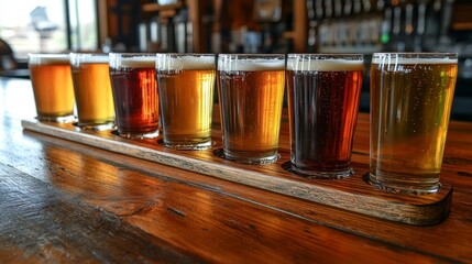 A wooden tray with six glasses of beer on it