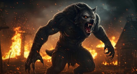 Menacing Werewolf Monster in Burning Forest at Night