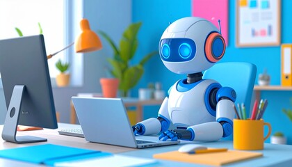 Fototapeta premium Robot Using Laptop in Modern Office Environment