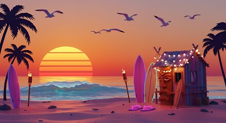 Vibrant retro sunset beach scene with a tiki hut, surfboards, palm trees, and seagulls. Tropical, summer, and abstract vacation vibe.
