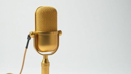 Close-up of a gold microphone on white background, minimal, melody