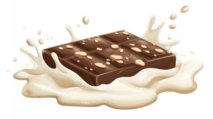 Milk chocolate bar with almonds splashing in milk; dessert food photography