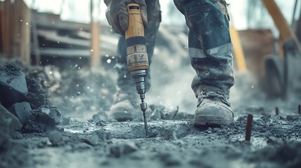 Construction Worker Using a Jackhammer on Concrete