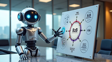 A futuristic robot presenting a business strategy diagram in an office setting, showcasing concepts like B2B and marketing.