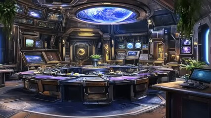 Futuristic Council Chamber with Earth View, Holographic Displays and Advanced Technology - Powered by Adobe
