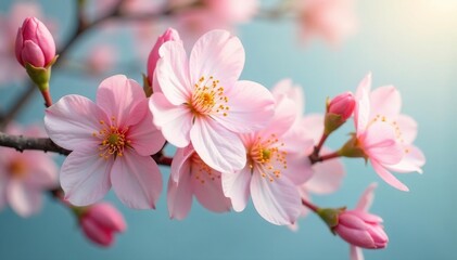 Delicate, repeating blossoms; soft pastel hues , green, graphic