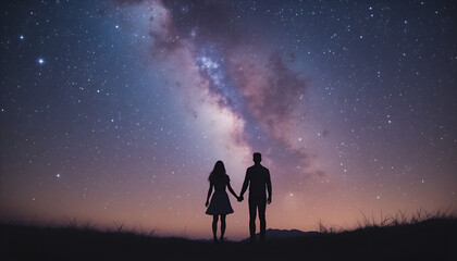 Fototapeta premium Silhouette of couple holding hands under a vibrant starry night sky with milky way visible above them .