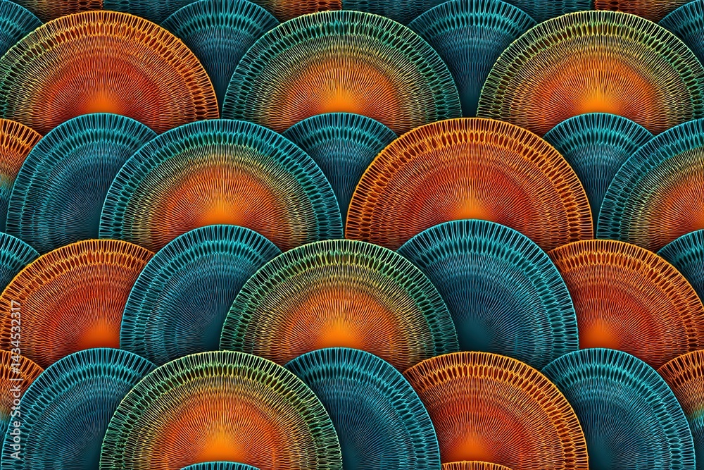 Poster colorful circular patterns create a mesmerizing design resembling vibrant scales on a textured surfa