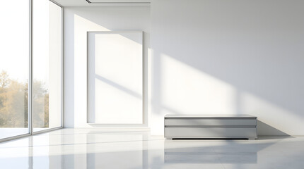 Fototapeta premium Minimalist interior with natural light showcasing an empty wall and a sleek storage unit, exuding calm and simplicity.