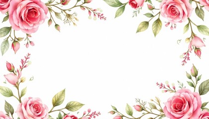 Delicate watercolor roses & leaves, repeating floral design, print, romantic