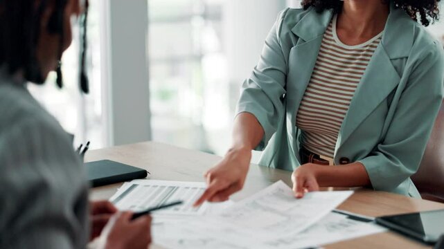 Business people, meeting and documents with signature for contract, agreement or policy at office. Hands, accountant and financial advisor with client paperwork for legal deal, loan or settlement