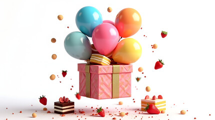 A vibrant celebration scene featuring colorful balloons, a beautifully wrapped gift box, and delicious cakes adorned with strawberries.