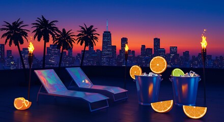 Naklejka premium Rooftop night scene with lounge chairs, tropical cocktails, tiki torches, and a vibrant city skyline at sunset. Relaxing, urban, and abstract.