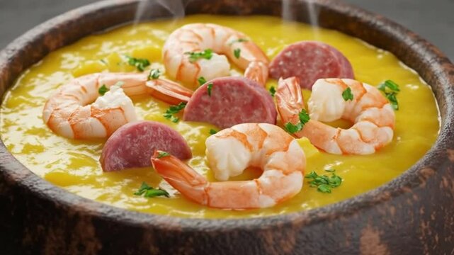 Delicious creamy shrimp bisque soup recipe in bowl with sausage and parsley garnish food photo