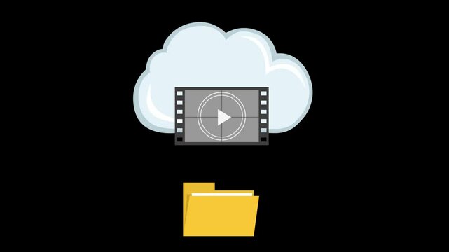 video animation icon uploading movie, photo and computer file to the cloud virtual system connection, on a transparent background with alpha channel at zero