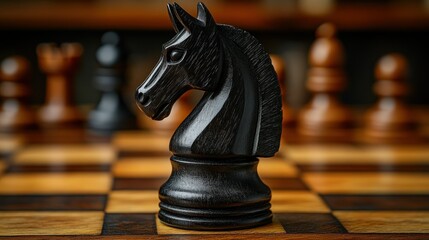 Black Knight chess piece on a wooden board