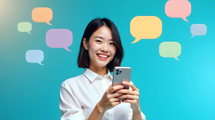 Fototapeta premium Smiling Asian woman holding a smartphone, surrounded by colorful speech bubbles, embodying a vibrant and modern communication theme.