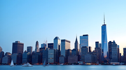 Fototapeta premium A stunning skyline view of tall buildings reflecting the soft blue hues of dusk over the water.