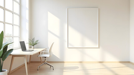 Fototapeta premium Modern minimalist office space with natural light and a blank canvas.