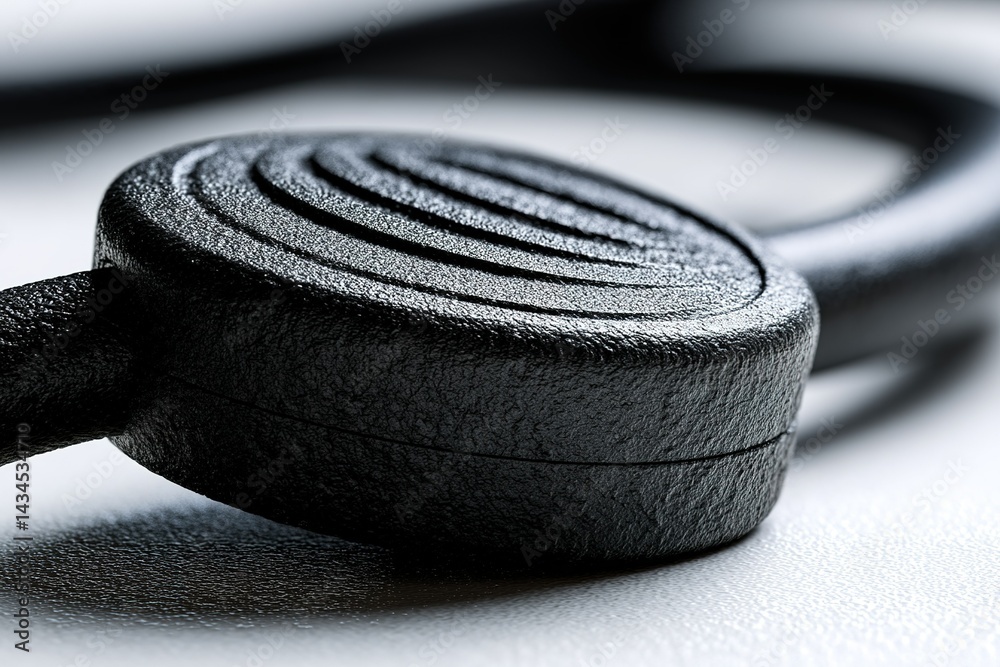Poster close-up view of a round black object with textured surface resting on a smooth surface in a well-li