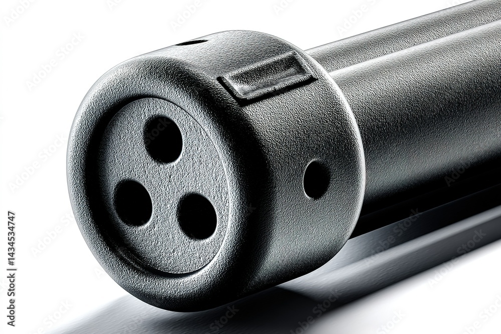 Poster close-up view of a cylindrical black object with multiple openings, highlighting precision engineeri