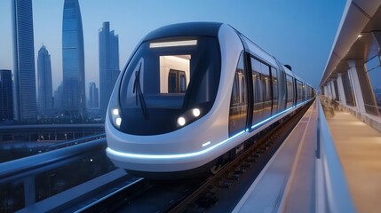 Naklejka premium Modern Urban Train in City at Dusk with Skyscrapers in the Background and Track