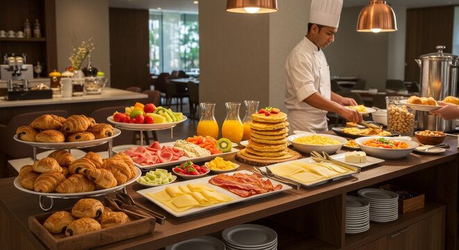 Delicious Hotel Breakfast Buffet - A lavish hotel breakfast buffet featuring pastries, fruit, bacon, cheese, and waffles. A chef prepares food in the background