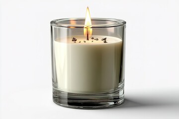 Candle burning in a glass holder, illuminating a cozy indoor space with warm light