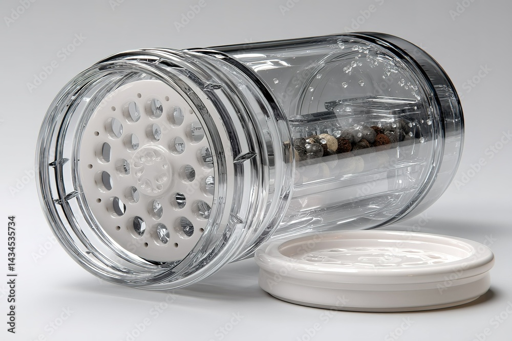 Poster container designed for storing and dispensing spices with top removable lid and perforated base for 