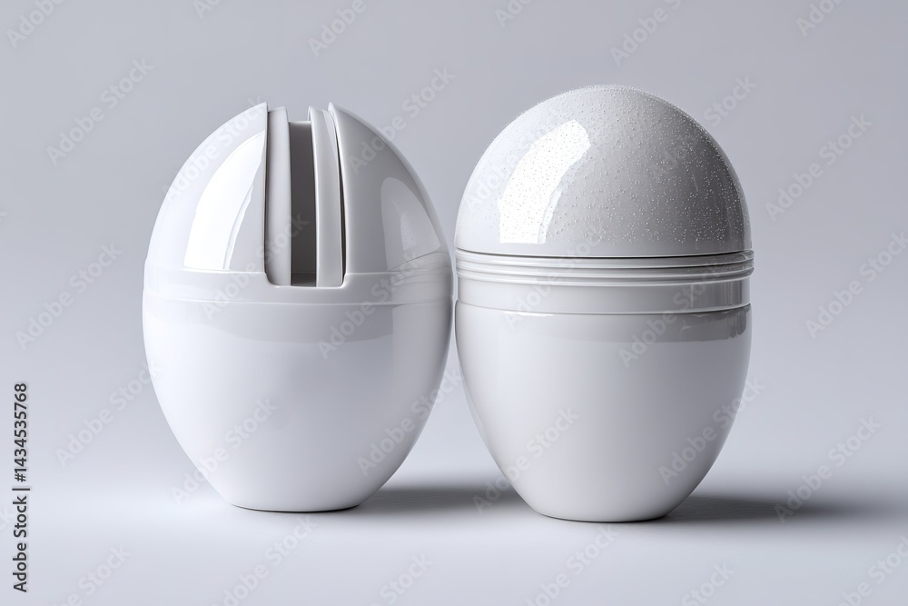 Poster white egg-shaped containers displayed side by side showcasing modern design and functionality in a m