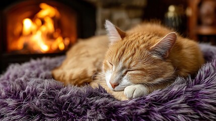 Naklejka premium Ginger Cat Sleeping Peacefully on Bed with Fireplace in Background