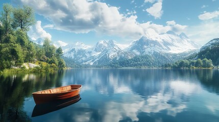 Serene Mountain Lake Landscape with Rowboat Peaceful Tranquil Nature Scene Stunning Alpine Scenery Breathtaking View Picturesque Summer Day Calm Water