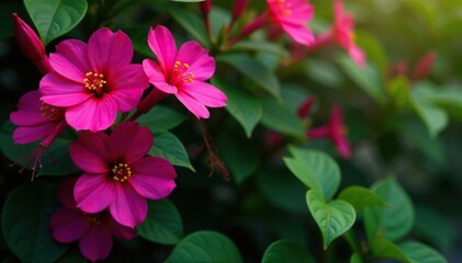 Bold fuchsia flowers, densely packed, vibrant leaves , graphic, dense