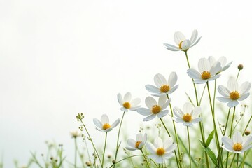 Delicate white wildflowers against a pure white background , botanical, clean, peaceful