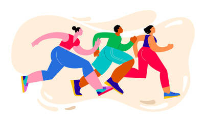 Abstract runners figures. Colorful illustration of group of people, men and women, running marathon together