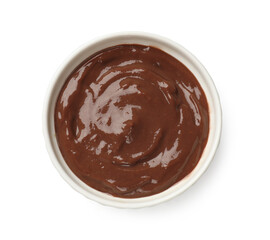 Tasty chocolate pudding isolated on white, top view