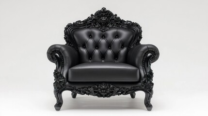 Luxurious black leather armchair with ornate baroque detailing