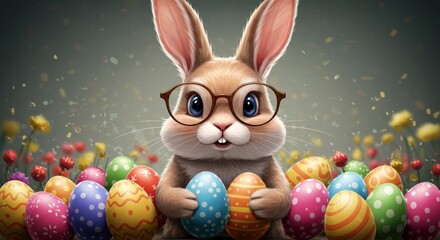 Easter Bunny with Spectacles and Eggs - Adorable bunny wearing glasses surrounded by colorful Easter eggs, symbolizing spring, new beginnings, celebration, joy, and sweetness