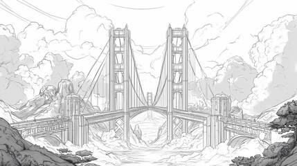 Obraz premium Golden gate bridge in line drawing illustration. Riftspire Gate. Illustration