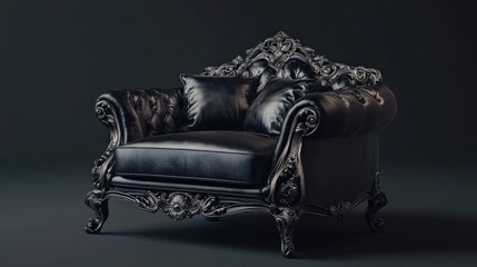 Luxurious black leather armchair with ornate carvings
