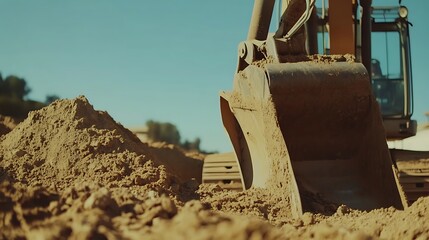 Excavator Bucket Digging into Sand at Construction Site