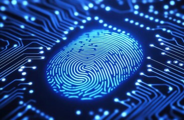 A glowing blue fingerprint embedded in a circuit board