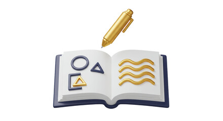 Isolated Golden Pen Writing Geometric Shapes on Open Book